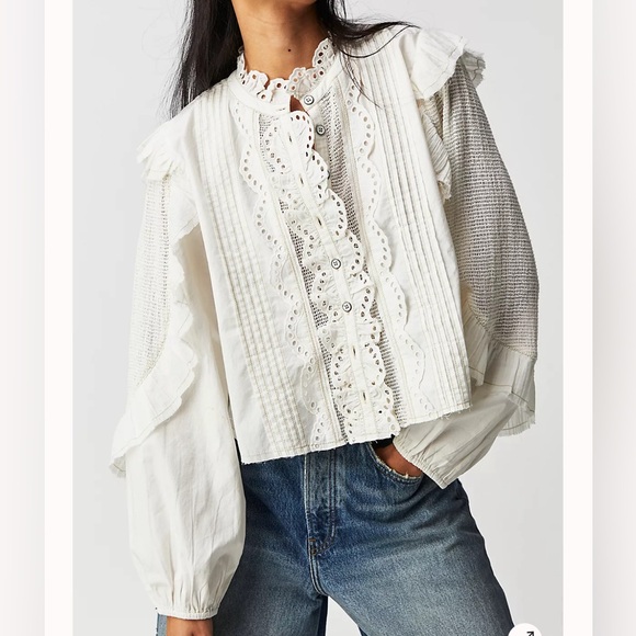 White woven cotton ruffle blouse size Large by We the Free - Picture 3 of 6